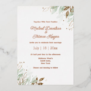 Invitación Con Relieve Metalizado Boda Botánica Moderna Verde y Rosa Dorado