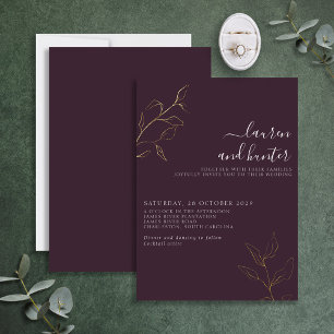Invitación Con Relieve Metalizado Boda Botánica Moderno Ciruela Púrpura Script Dorad