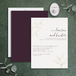 Invitación Con Relieve Metalizado Boda Botánica Moderno Script Púrpura Ciruela con H