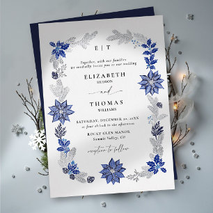 Invitación Con Relieve Metalizado Boda Botánica Naval Azul de Navidad de Invierno