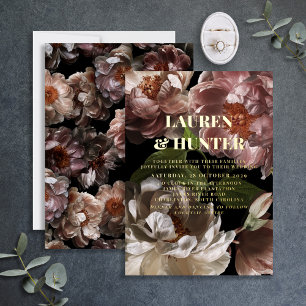 Invitación Con Relieve Metalizado Boda Botánica Rosa Oscura Moderna con Oro