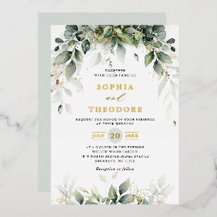 Invitación Con Relieve Metalizado Boda Botánica Rústica de Eucalipto Verde