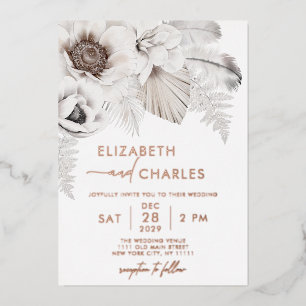 Invitación Con Relieve Metalizado Boda Botánica Rústica de Invierno Floral Boho