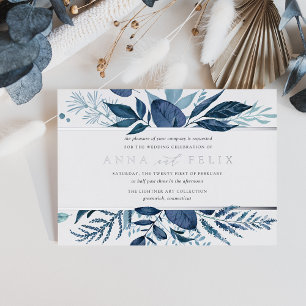 Invitación Con Relieve Metalizado Boda Botánica Salvaje Azure   Azul
