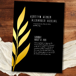 Invitación Con Relieve Metalizado Boda Botánica Vintage Boho con Hoja de Oro Negro