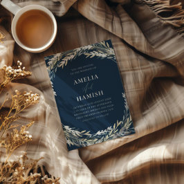 Invitación Con Relieve Metalizado Boda Botánico Azul y Plata Moderno