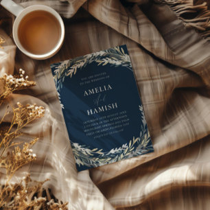 Invitación Con Relieve Metalizado Boda Botánico Azul y Plata Moderno