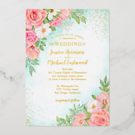 Invitación Con Relieve Metalizado Boda Botánico de Floral Rosa Rosa Rosa Azul Turque