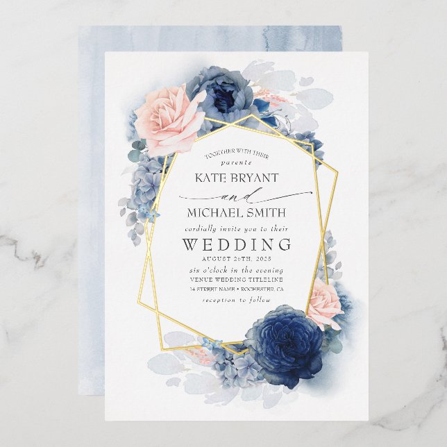 Invitación Con Relieve Metalizado Boda Botánico Floral Azul y Rosa Dusty (Anverso/Reverso)