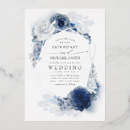 Invitación Con Relieve Metalizado Boda Botánico Floral Blanca Floral Azul Dusty Blue