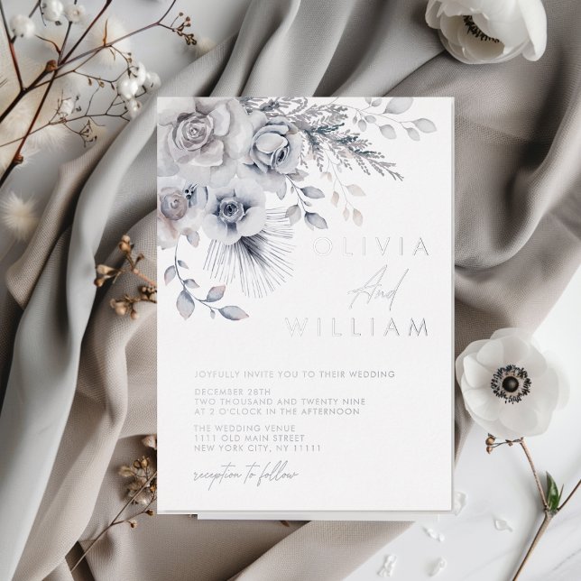 Invitación Con Relieve Metalizado Boda Botánico Floral Elegante Plata (Botanical Winter Floral Elegant Silver Wedding Foil Invitation)