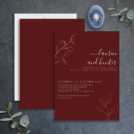 Invitación Con Relieve Metalizado Boda botánico moderno con guión de borgoña oro
