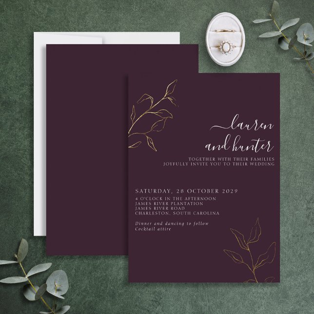 Invitación Con Relieve Metalizado Boda botánico moderno con guión púrpura oro (Subido por el creador)