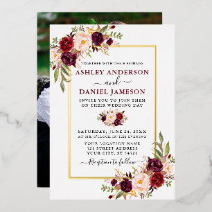 Invitación Con Relieve Metalizado Boda Burgundy Acuarela Floral Foto Dorado