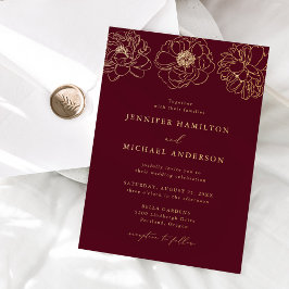 Invitación Con Relieve Metalizado Boda Burgundy Floral Delicada