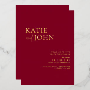Invitación Con Relieve Metalizado Boda Burgundy Minimalista Moderna