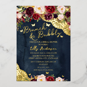 Invitación Con Relieve Metalizado Boda Burgundy Navy Oro Encaje Brunch Y Burbujeante