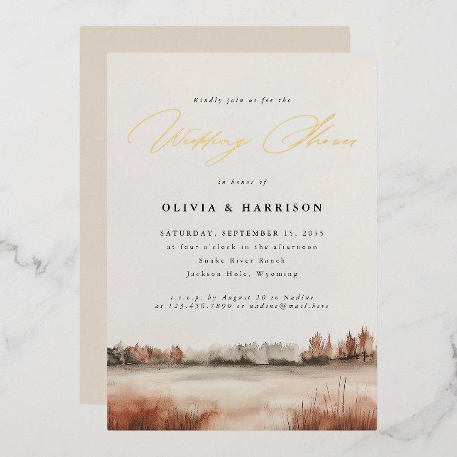 Invitación Con Relieve Metalizado Boda Caída Elegante Paisaje Ducha Pareja (Anverso/Reverso)