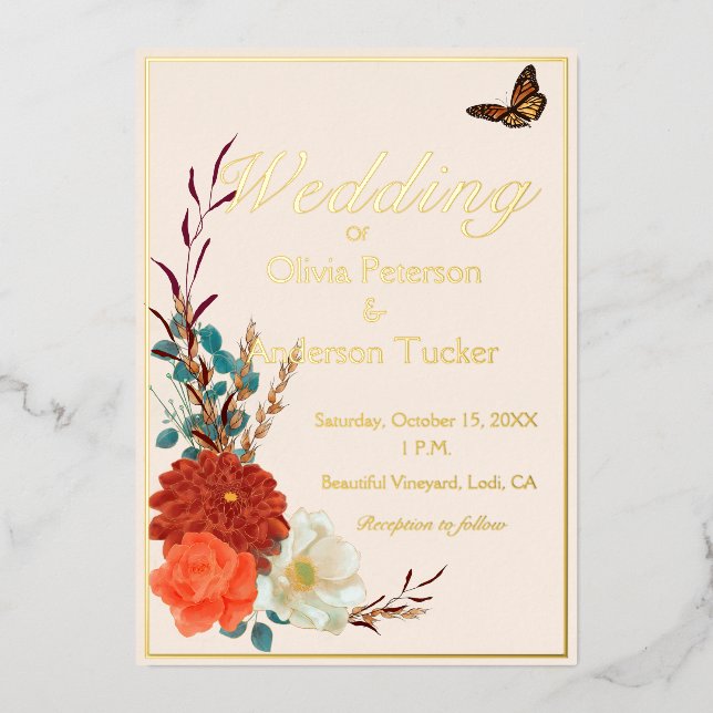Invitación Con Relieve Metalizado Boda Caída Mariposa Monarca Floral Marfil (Anverso)