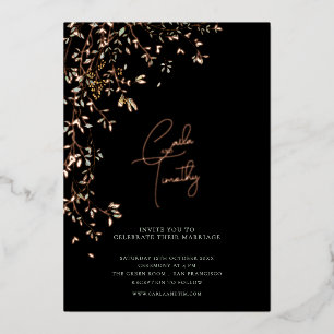 Invitación Con Relieve Metalizado Boda Caligrafía Botánica Negra