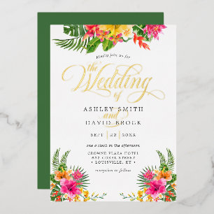 Invitación Con Relieve Metalizado Boda Caligrafía Floral Hibisco Tropical