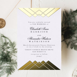 Invitación Con Relieve Metalizado Boda Caligrafía Gatsby Hoja Dorada Geométrica