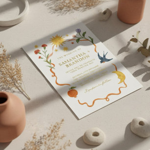 Invitación Con Relieve Metalizado Boda caprichosa con flores de sol y luna con lámin