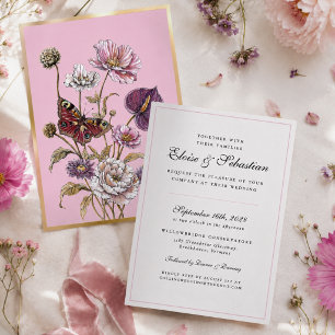 Invitación Con Relieve Metalizado Boda caprichosa de mariposa botánica rosa chic