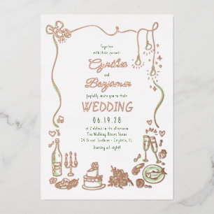 Invitación Con Relieve Metalizado Boda caprichosa y divertida con garabatos a mano a
