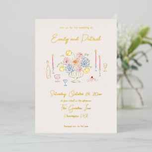 Invitación Con Relieve Metalizado Boda caprichosa y funky dibujada a mano en pastel