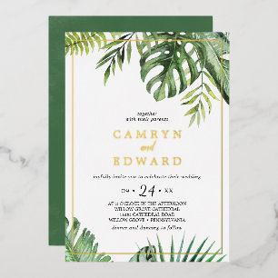 Invitación Con Relieve Metalizado Boda Casual con Marco de Oro de Palma Tropical Sal