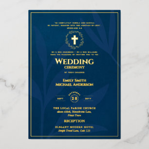 Invitación Con Relieve Metalizado Boda Católica Blue Gold Elegante Formal Moderno