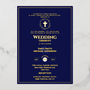Invitación Con Relieve Metalizado Boda católica elegante formal moderna en oro naval
