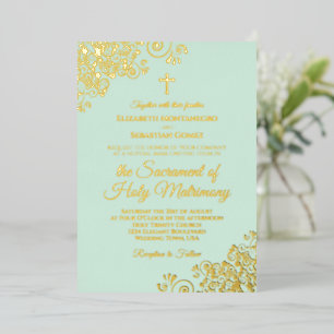 Invitación Con Relieve Metalizado Boda católica moderna elegante verde menta y dorad