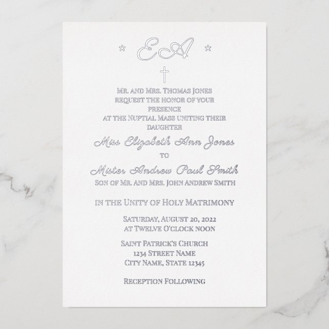 Invitación Con Relieve Metalizado Boda Católica Monogramada (Anverso)