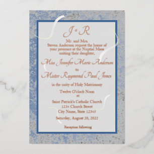 Invitación Con Relieve Metalizado Boda católica monogramada con mármol azul y gris