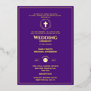 Invitación Con Relieve Metalizado Boda Católica Oro Púrpura Elegante Formal Moderna