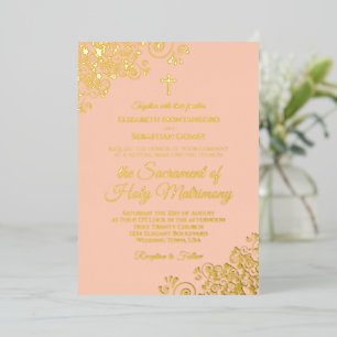Invitación Con Relieve Metalizado Boda católico moderno Elegante Peach Coral & Gold