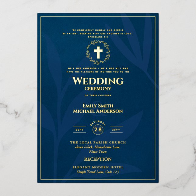 Invitación Con Relieve Metalizado Boda Católico Oro Azul Elegante Formal Moderno (Anverso)