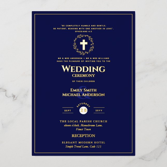 Invitación Con Relieve Metalizado Boda Católico Oro de la Marina Elegante Formal Mod (Anverso)