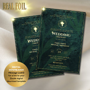 Invitación Con Relieve Metalizado Boda Católico Oro Verde Elegante Formal Moderno
