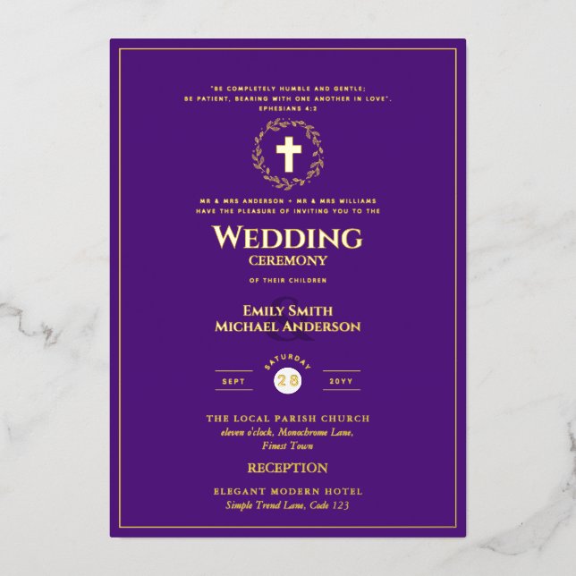 Invitación Con Relieve Metalizado Boda católico Purple Gold Elegant Formant Modern (Anverso)