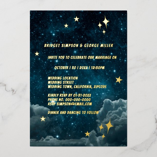 Invitación Con Relieve Metalizado boda celeste de galaxia azul (Anverso)