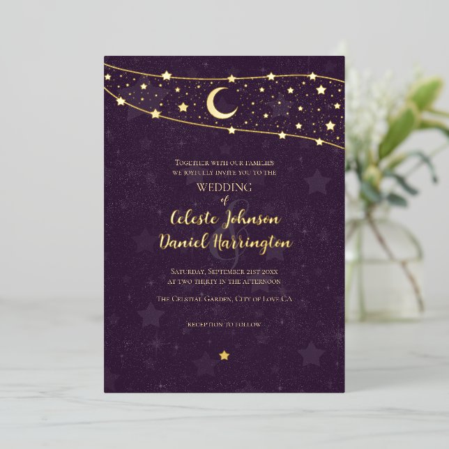 Invitación Con Relieve Metalizado Boda celeste Fancy Gold Deep Purple (Anverso de pie)