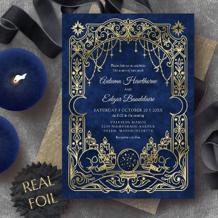 Invitación Con Relieve Metalizado Boda celeste gótica de Halloween azul