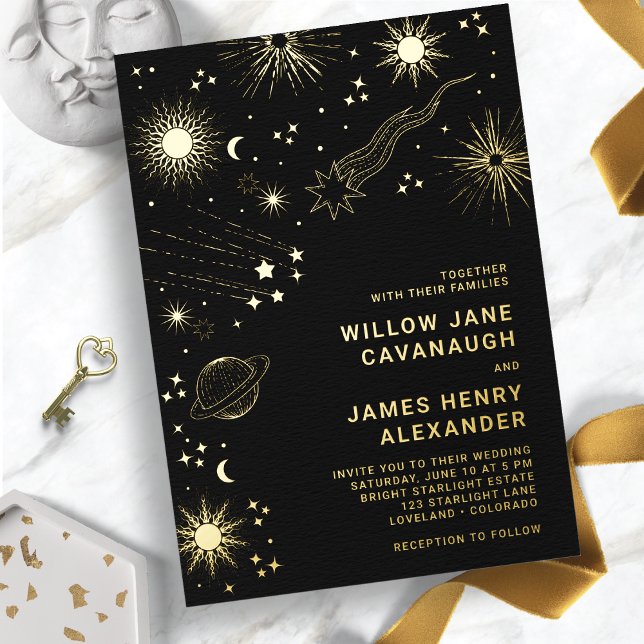 Invitación Con Relieve Metalizado Boda celeste negro (Black and Gold Celestial Wedding Foil Invitation
)