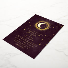 Invitación Con Relieve Metalizado Boda Celestial Burgundy Gold Moon Y Stars