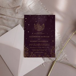 Invitación Con Relieve Metalizado Boda Celestial Burgundy Gold Moon Y Stars