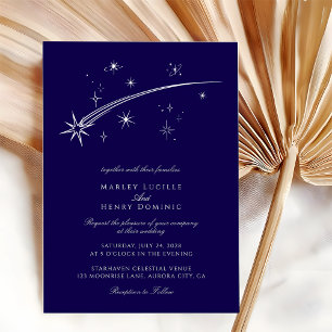 Invitación Con Relieve Metalizado Boda Celestial de Azul Oscuro y Blanco Plateado