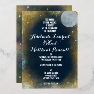 Invitación Con Relieve Metalizado Boda Celestial de Luna Llena Elegante: Azul y Plat